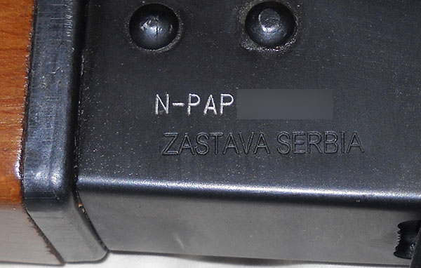 close detail, M70 receiver left side marking: ZASTAVA SERBIA